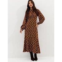 New Look Brown Polka Dot Godet Midi Dress