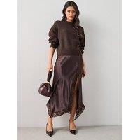 The Very Collection Lace Trim Satin Midi Skirt - Brown