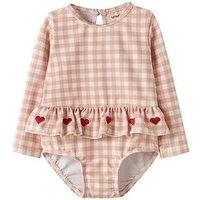 Lil Atelier Baby Girls Long Sleeve Gingham Heart Swimsuit - Pink