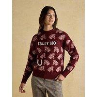 Joules Intarsia Knitted Burgundy Tally Ho Jumper With Crew Neck - Red