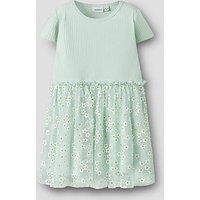 Name It Mini Girls Diaisy Embroidered Tulle Jersey Dress - Light Green