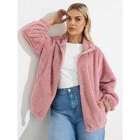 Yours Curve Faux Fur Funnel Neck Zip Thru Jacket - Pink