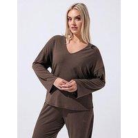 Yours Curve V Neck Ribbed Top - Brown