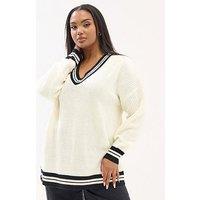Yours Curve V-Neck Contrast Knit Jumper - Ivory