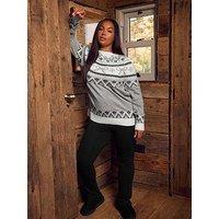 Yours Curve Bow Fairisle Jumper - Grey