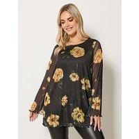 Yours Curve Flare Sleeve Mesh Swing Top - Green