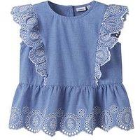 Name It Mini Girls Chambray Embroidered Co-Ord Blouse - Blue