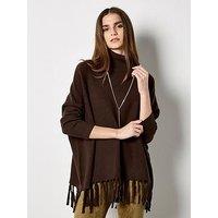 Apricot Roll Neck Fringe Ponch Jumper
