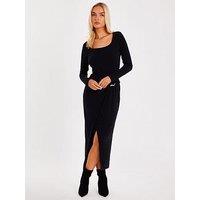Quiz Black Ribbed Long Sleeve Midaxi Dress