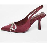 Quiz Burgundy Satin Diamante Bow Court Heels