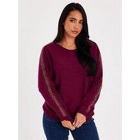 Quiz Burgundy Diamante Sleeve Jumper
