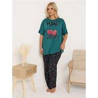 Yours Curve Mon Cheri Wide Leg Pyjama Set - Green