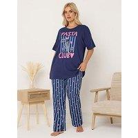 Yours Curve Pasta Club Wide Leg Pyjama Set - Blue