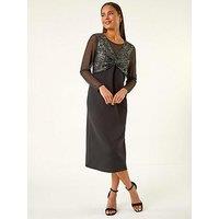 Roman Petite Sequin Contrast Knot Midi Dress - Black