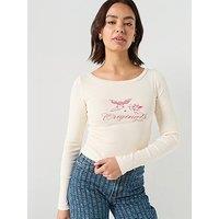 Guess Jeans Boat Neck Long Sleeve Rib Printed Top - Beige