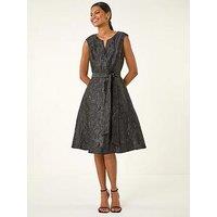 Roman Metallic Brocade Belted Dress - Black