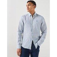 Boss Button Down Relaxed Fit Stripe Linen Shirt - Blue
