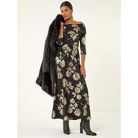 Roman Floral Foil Bardot Midi Dress