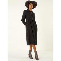 Roman Zip Front Collared Midi Dress - Black