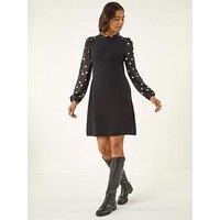 Roman Spot Print Frill Knitted Dress