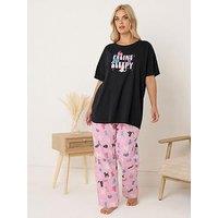 Yours Curve Feline Sleepy Wide Leg Pyjama Set - Black