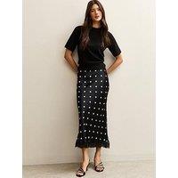 New Look Satin Polka Dot Lace Trim Midi Skirt - Black