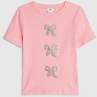 River Island Older Girls Ribbed Diamante Bow T-Shirt - Pink
