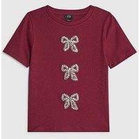 River Island Older Girls Ribbed Diamante Bow T-Shirt - Dark Red