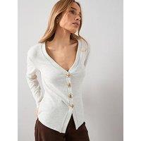 The Very Collection Button Front Long Sleeve Soft Touch Top - Oatmeal