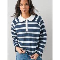 The Very Collection Frill Collar Stripe Rugby Top - Blue