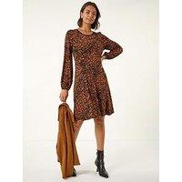 Roman Abstract Print Gathered Stretch Dress - Tan