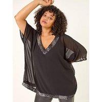 Roman Curve Sequin Trim V-Neck Kaftan - Black