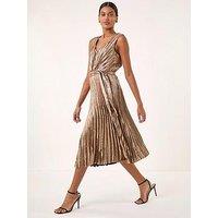 Roman Metallic Pleat Belted Midi Dress - Gold