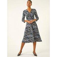 Roman Floral Twisted Front Stretch Midi Dress - Purple
