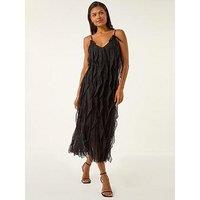 Roman Dusk Frill Stretch Maxi Dress - Black