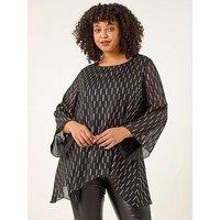Roman Curve Chiffon Overlay Foil Top - Black