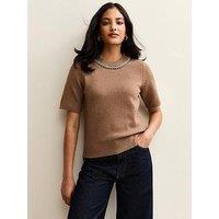 New Look Camel Embellished Neck Short Sleeve Top