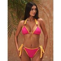 Moda Minx Contrast Binding Amour Tie Side Full Brief Bikini Bottom - Raspberry/Sunset
