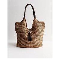 New Look Woven Plaited Handle Bag - Stone