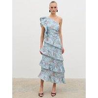 Pretty Lavish Fleur Tiered Frill One Shoulder Midaxi Dress- Seaspray And Brown Floral