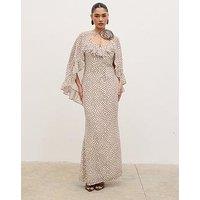 Pretty Lavish Oriana Corsage Cape Maxi Dress - Cream And Brown Polkadot