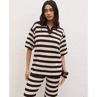 Pretty Lavish Venezia Stripe Knit Polo Top - Brown/Cream