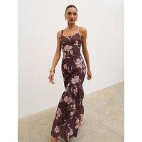 Pretty Lavish Kaia Scoop Neck Printed Frill Maxi Dress - Brown Botanical Lily Floral