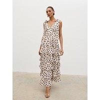 Pretty Lavish Fiore Tie Ruffle Maxi Dress - Large Brown And Seaspray Polkadot