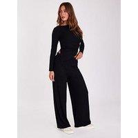 Quiz Black Ribbed Wide Leg Trousers
