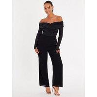 Quiz Petite Black Diamante Bardot Jumpsuit