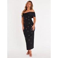 Quiz Black Embellished Bardot Midaxi Dress