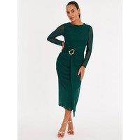 Quiz Petite Bottle Green Mesh Buckle Midaxi Dress