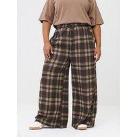 Yours Curve Check Crinkle Wide Leg Trousers - Brown