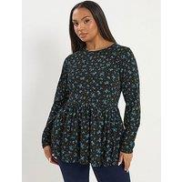 Yours Curve Long Sleeve Peplum Cotton Top - Blue